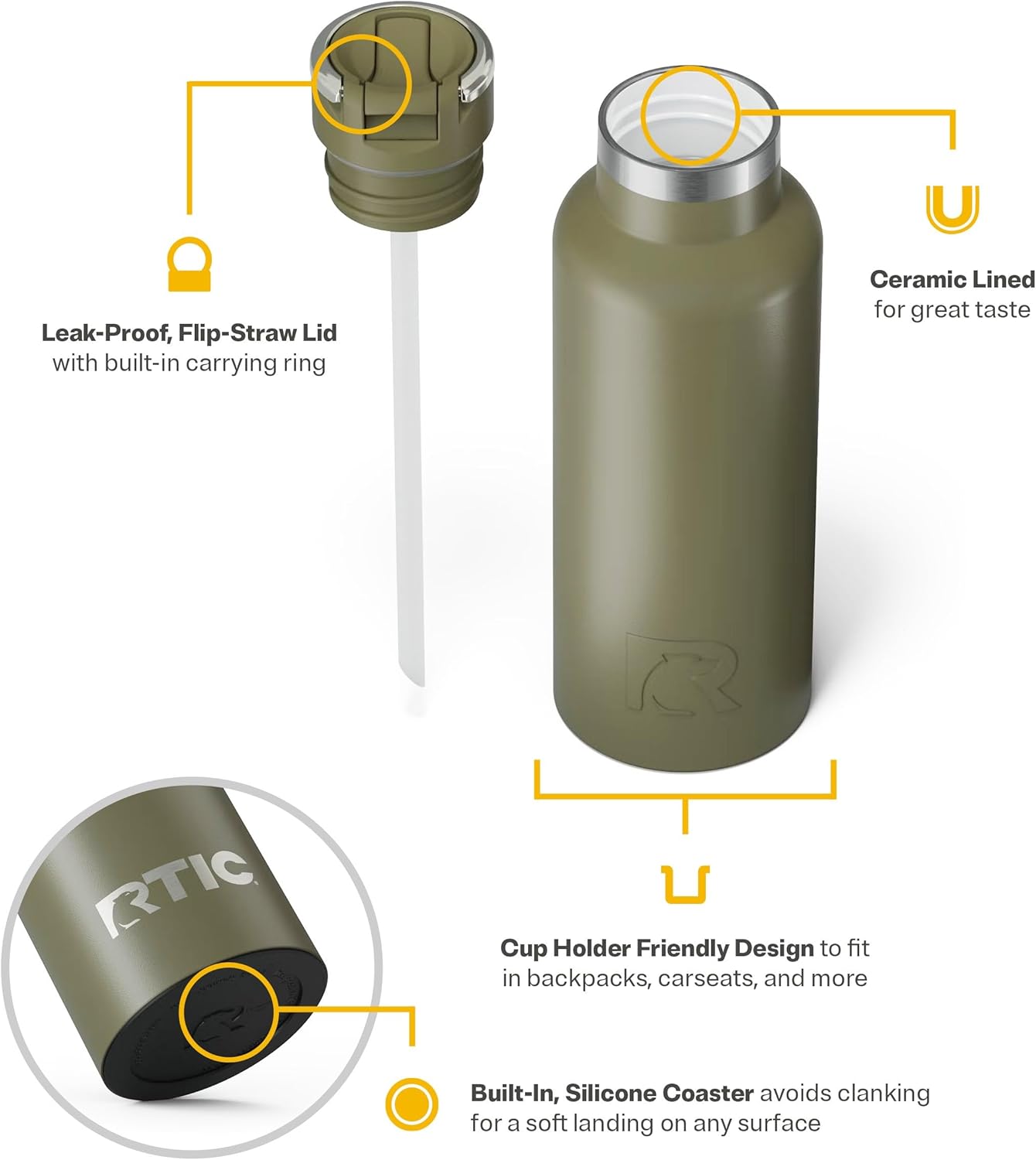 RTIC 16oz Journey Bottle Metal Stainless Steel Vacuum Insulated, BPA Free, Reusable, for Water, Hot and Cold Drinks, Travel, Sports, Camping, Olive