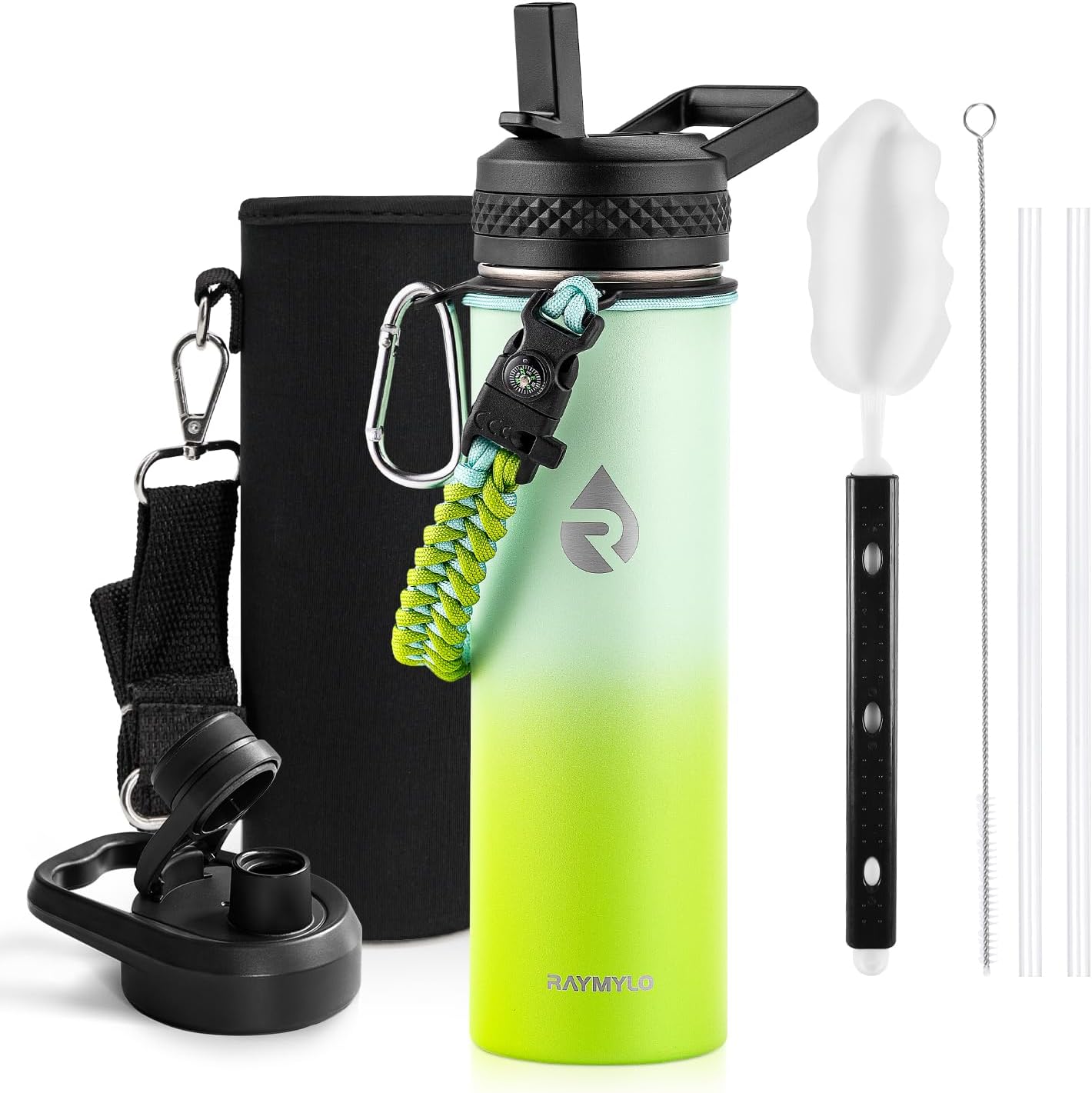 Insulated Water Bottle 20 oz, Triple Wall Vacuum Stainless Steel (Cold for 48 Hrs), Leak Proof & Non-BPA, Kids Water Bottle Jug for School with Straw Spout Lids, Ombre Green