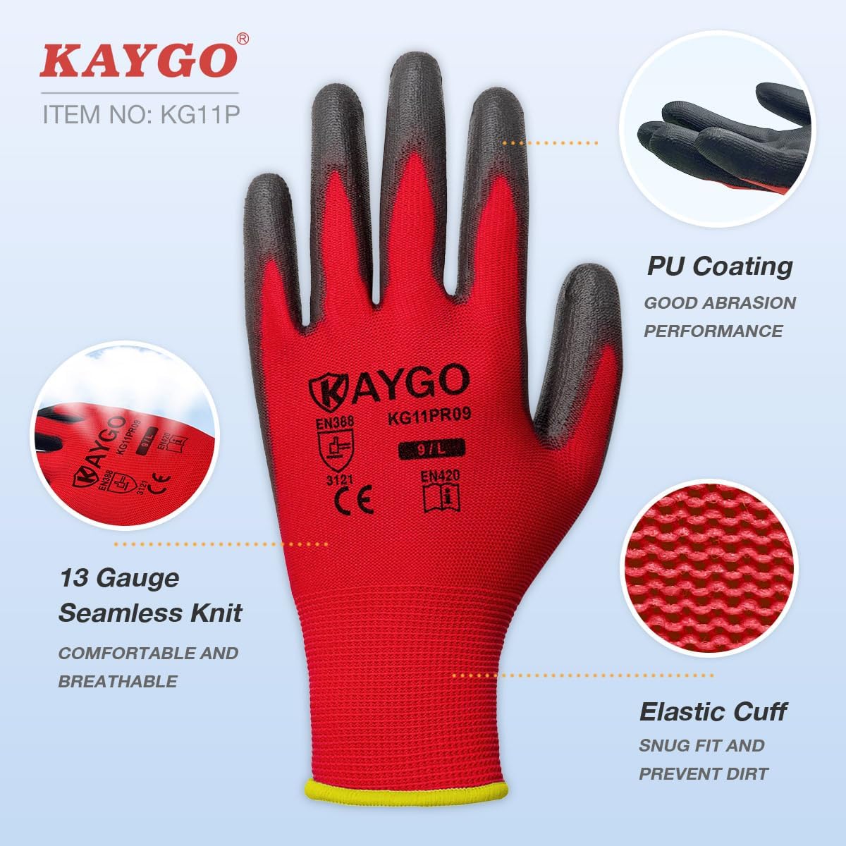KAYGO Safety Work Gloves PU Coated for men and Women, 60 Pairs KG11P Seamless Knit Glove with Polyurethane Coated Smooth Grip on Palm and Fingers, Ideal for General Duty Work (L, Red)
