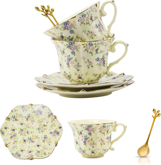 TATSUMI Country Roses Bone China Tea Cup and Saucer Set, 6 Pieces, Vintage Style, For Women and Tea Parties