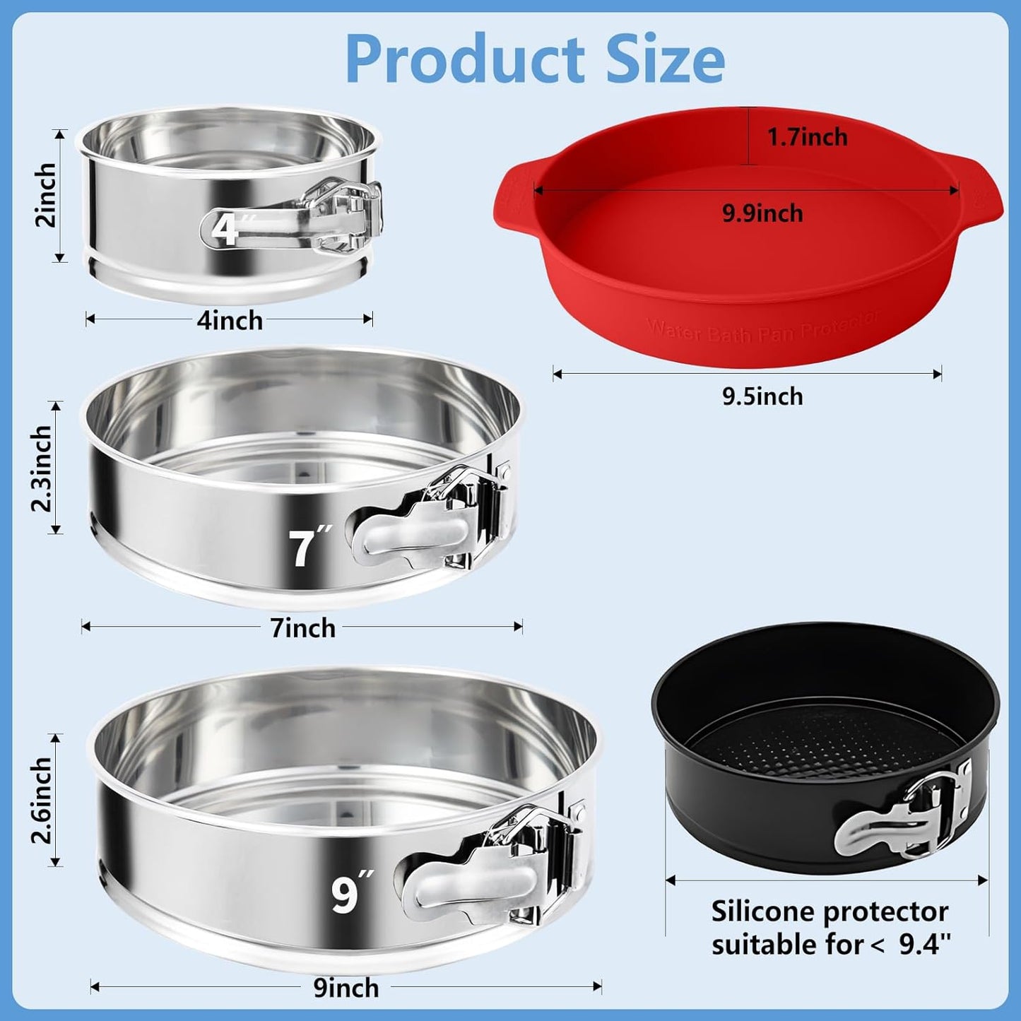 4, 7, 9 Inches Springform Pan Set - 304 Stainless Steel Nonstick Springform Cake Pan Set with Removable Bottom, 10 Inch Leakproof Silicone Cheesecake Pan Protector with 60 Pcs Parchment Paper