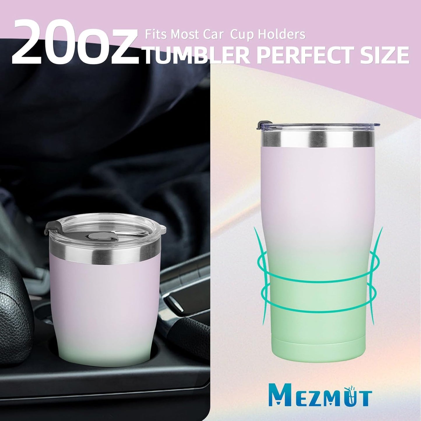MEZMUT 1 Pack 20oz Insulated Coffee Tumbler with Lids and Straws Double Wall Vacuum Insulated Cup Stainless Steel Travel Mugs Leakproof Powder Coated Tumbler for Indoor Outdoor(Candy Color)