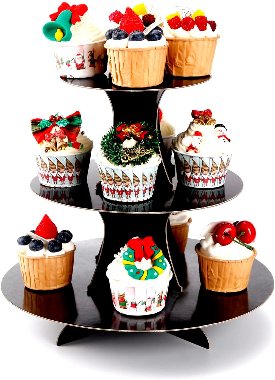 3-Tier Cupcake Stand, Cake Stand holder, Tiered DIY Cupcake Stand Tower for Dessert Table Displays, Birthday Theme Party Favors Decoration, Floral Tea Party, 12" W x 12.8" H, Black