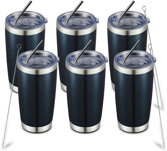 COMOOO 20oz Double Wall Vacuum Insulated Travel Mug, Stainless Steel Tumbler with Lid and Straw Durable Powder Coated Insulated Coffee Cup for Cold & Hot Drinks (Peacock blue, 6 Pack)