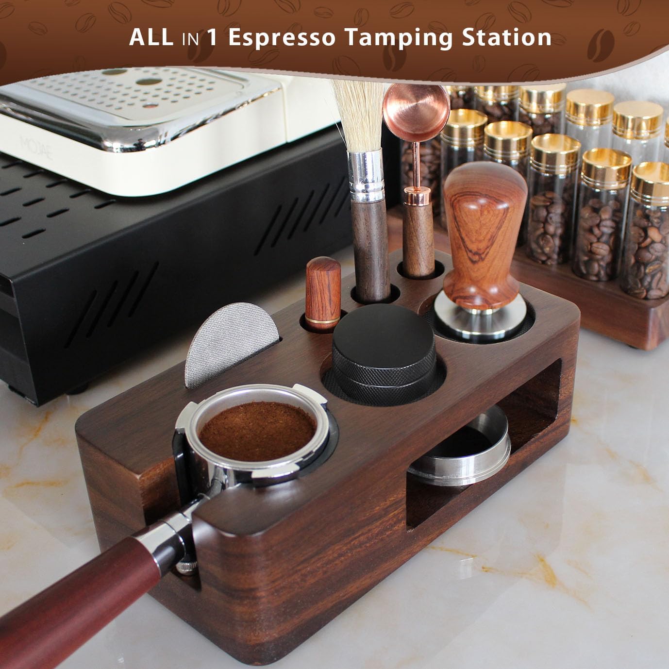 Espresso Tamping Station,Multifunctional Tamping Station,Non-slip Tamper Station,Espresso Station fit for storage 51-58mm Tamper Distributor Portafilter,Walnut Tamper Holder,Coffee Portafilter Holder