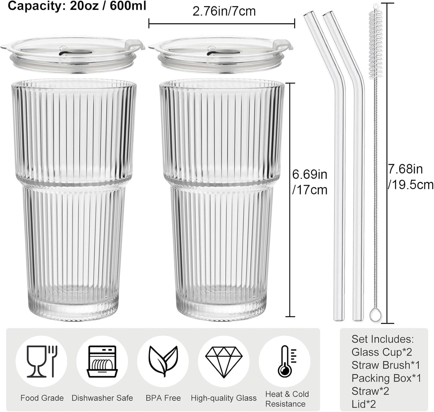 2 Pack Iced Coffee Cup with Lids, 20oz Clear Glass Tumbler with Straw & Lid, Ribbed Glassware Cups, Dishwasher Safe Drinking Glasses, Stylish Glass Cups for Coffee, Juice, Tea, Matcha