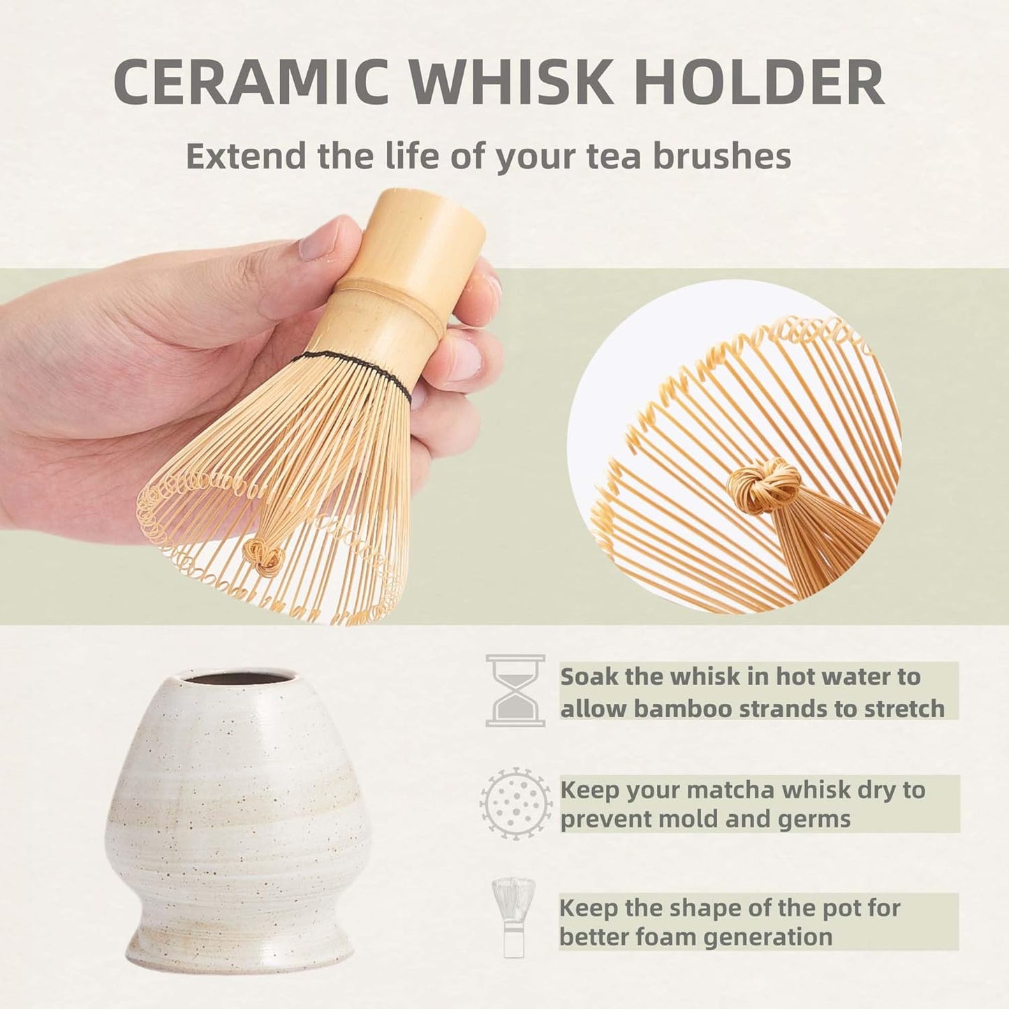 Matcha Whisk Set, Ceramic Matcha Set with Bowl, Matcha Whisk and Holder, Sifter, Bamboo Spoon, Scoop, 6Pcs Ceremony Matcha Kit for Tea Lovers Making Breakfast/Latte