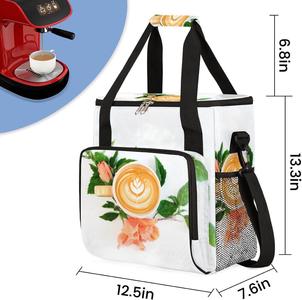 Coffee Latte Art Leaves Coffee Maker Carrying Bag, Coffee Machine Travel Storage Tote Bag Compatible with K-Mini or K-Mini Plus, Portable Single Serve Coffee Brewer Case with Pockets for K-Cup Pods