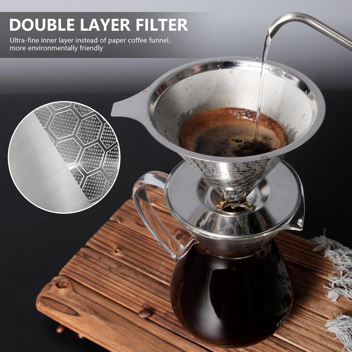 Coffee Strainer, V60 Pour Over, 18/10 Stainless Steel Laser Coffee Dripper, Fine Mesh Double Layer Metal Cone Filter, Colador De Cafe, Coffee Maker 1-4 Cup