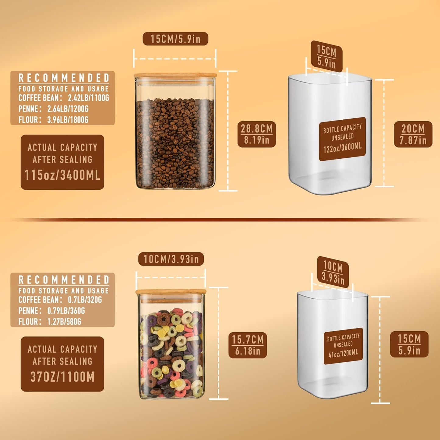 122oz 41oz Airtight Glass Square Storage Canister with Bamboo Lid Set of 2(3600ml*1 1200ml*1) Large Storage Container Gallon Glass Jars, for Sugar, Flour, and Coffee bean (with Black Lable)