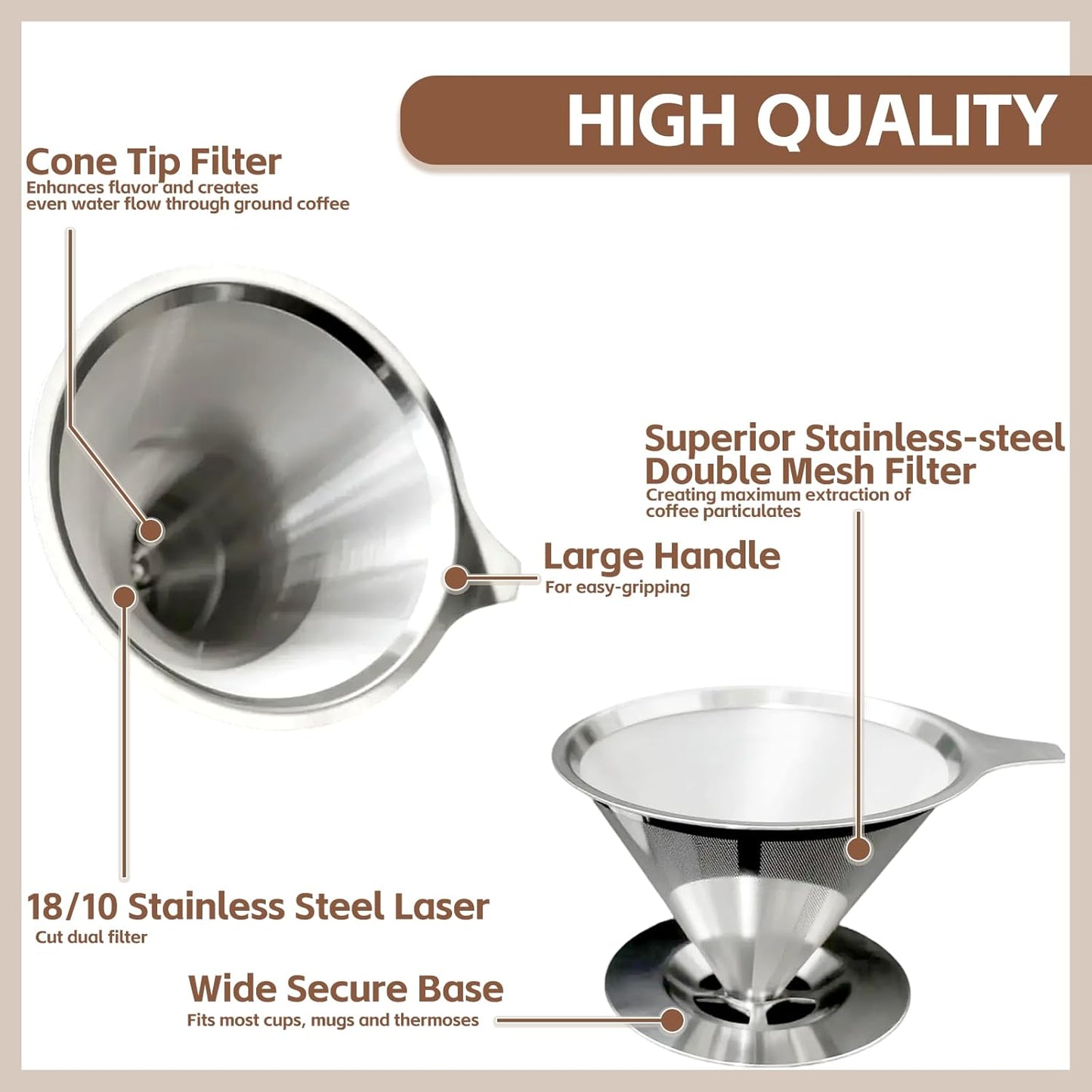 Pour Over Coffee Dripper Stainless Steel Coffee Filter Metal Cone Filter Extra Fine Wire Mesh Reusable Coffee Filter Coffee Maker (Silver, 1-2 Cups)
