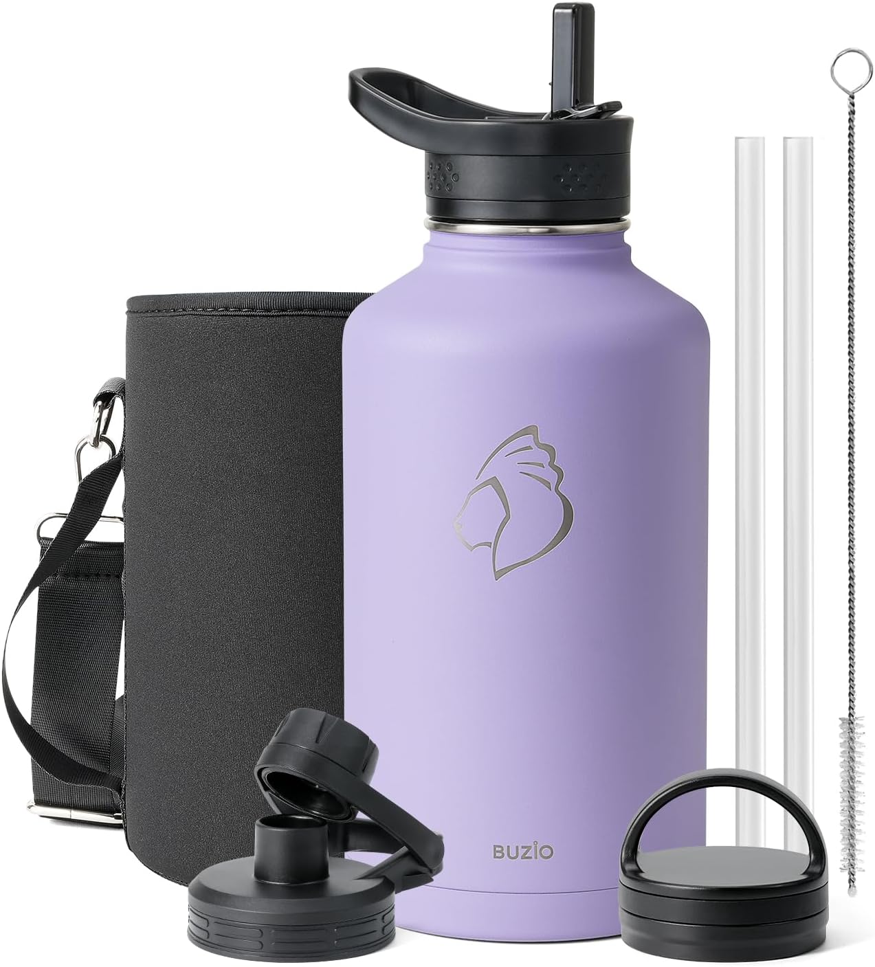 BUZIO 64 oz Water Bottle Insulated with Straw & 3 lid and Carrying Pouch, Leak Proof Half Gallon Stainless Steel Water Flask Jug, Cold for 48 Hrs Double Vacuum Thermo Canteen, BPA-Free, Purple