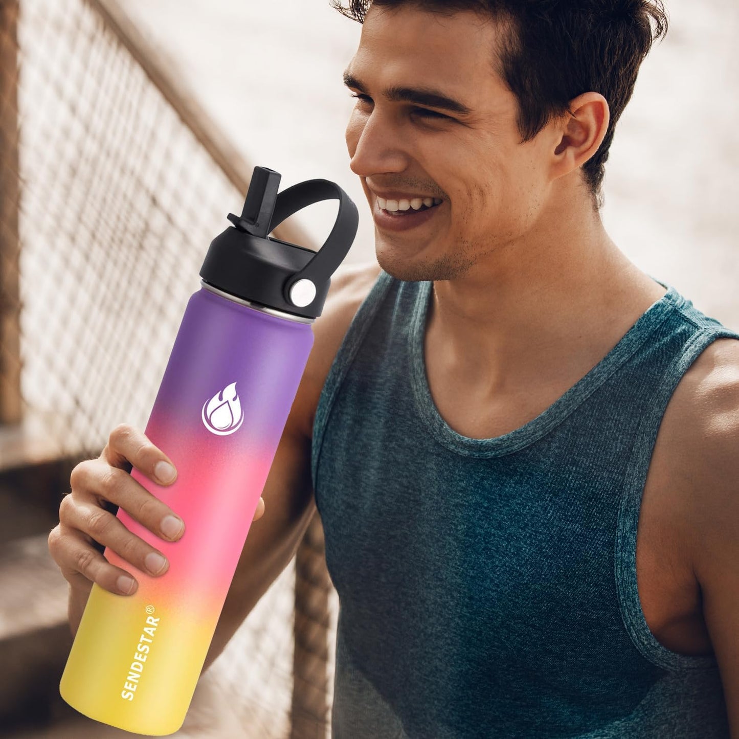 SENDESTAR Water Bottle 24oz Double Wall Vacuum Insulated Leak Proof Stainless Steel Sports Water Bottle—Wide Mouth with New Flex Straw Lid & Spout Lid (Havana)