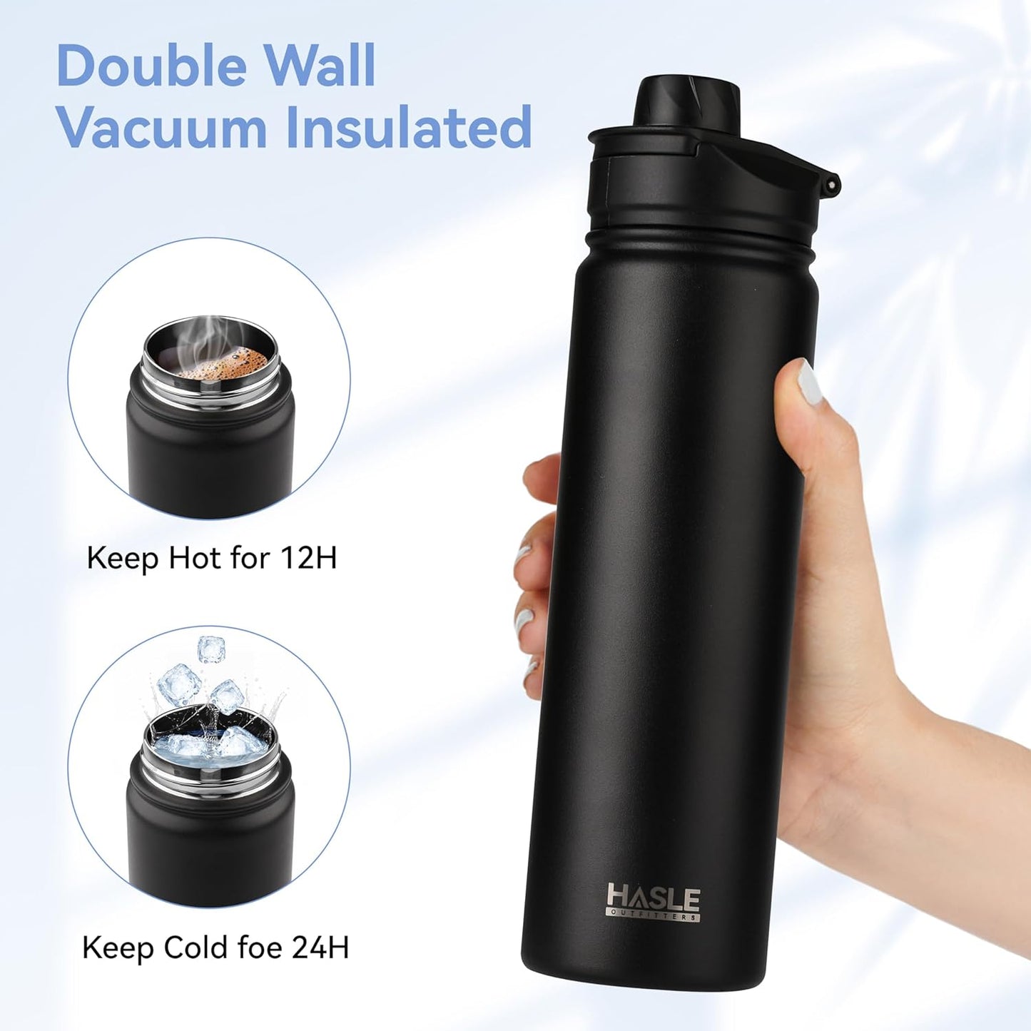 HASLE OUTFITTERS Insulated Water Bottle 22 oz Double Wall Stainless Steel Water Bottle Wide Mouth with Straw Lid & Spout Lid Keeps Cold or Hot(Black,4)