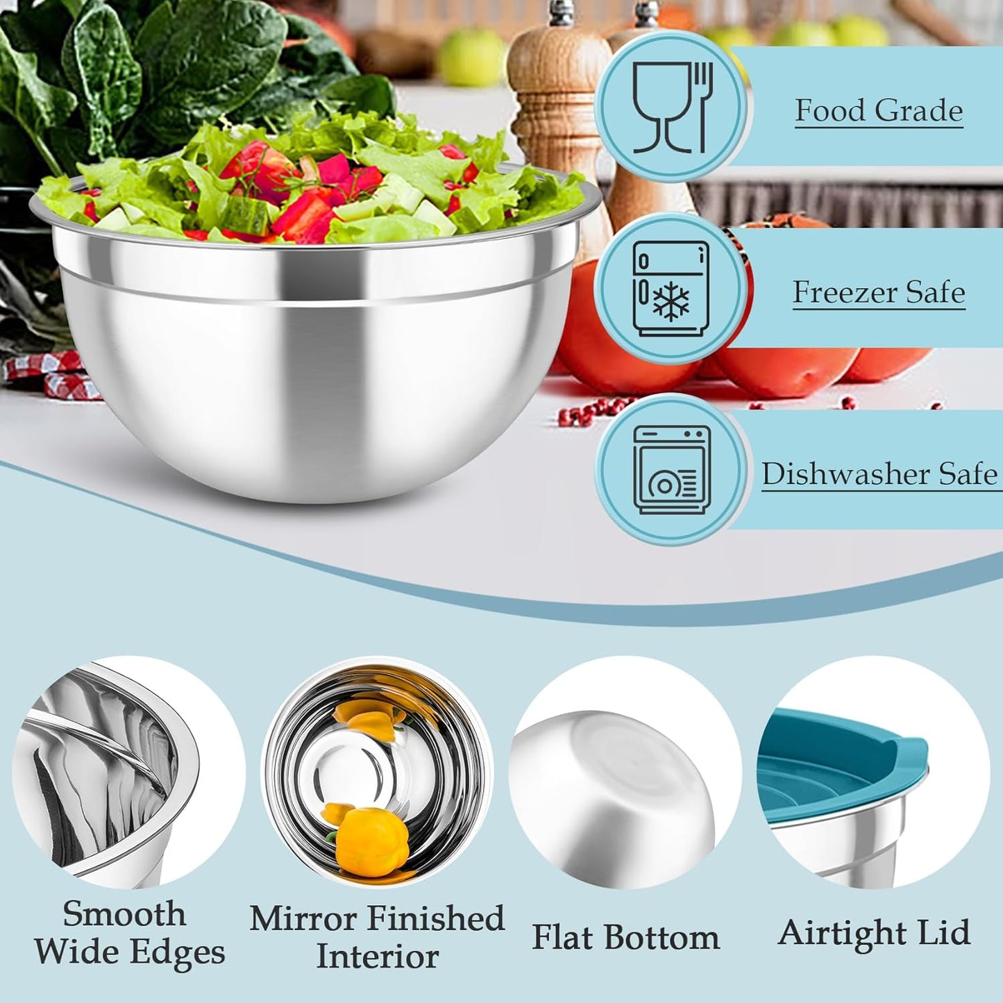 TeamFar Mixing Bowls, Stainless Steel Nesting Salad Bowls with Lids Set of 3 & 3 Grater Attachments, For Mixing/Serving/Storing, Non-toxic & Long-lasting, Size 4.6/3 / 1.5 QT, Navy Blue