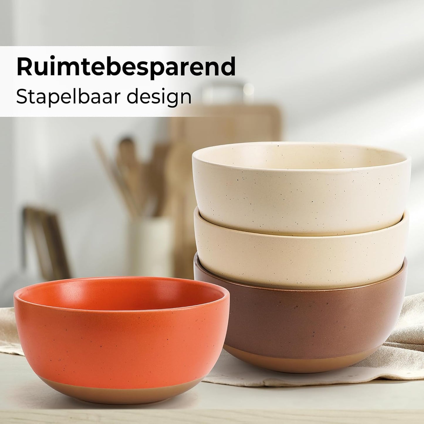 MIAMIO – Set of 4, 28 Ounce Ceramic Soup Bowls/Cereal Bowl Set for Salad, Oatmeal, Fruit, Rice – Dishwasher & Microwave Safe – Aura Collection (Cozy Neutral, Bowls (4x))