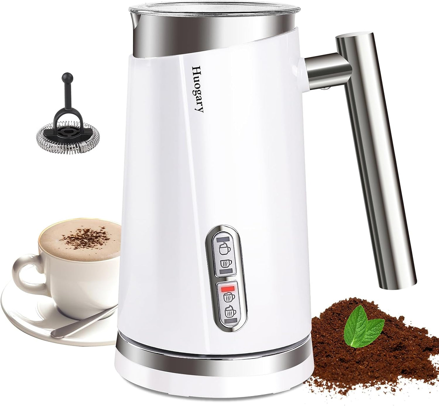 Huogary 4-in-1 Milk Frother, Updated Milk Frother and Steamer, Milk Steamer for Milk Foam & Hot Milk(4.39oz/10.5oz), Electric Milk Warmer and Frother for Coffee, Latte, Cappuccino White 120V