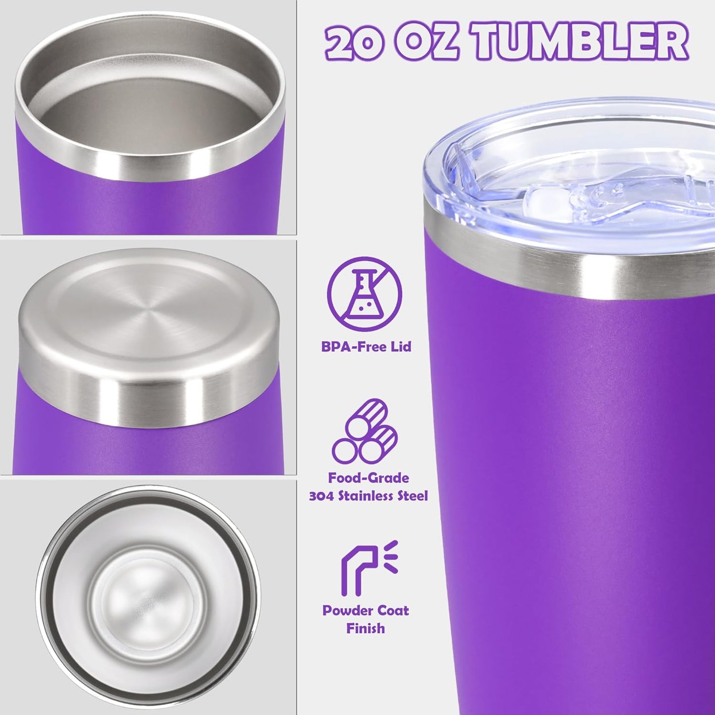 20oz Tumbler Stainless Steel Tumbler Cup with Lid Vacuum Insulated Double Wall Travel Mug, Durable Powder Coated Travel Coffee Tumbler Mug for Hot & Cold Drinks, Purple,1 Pack