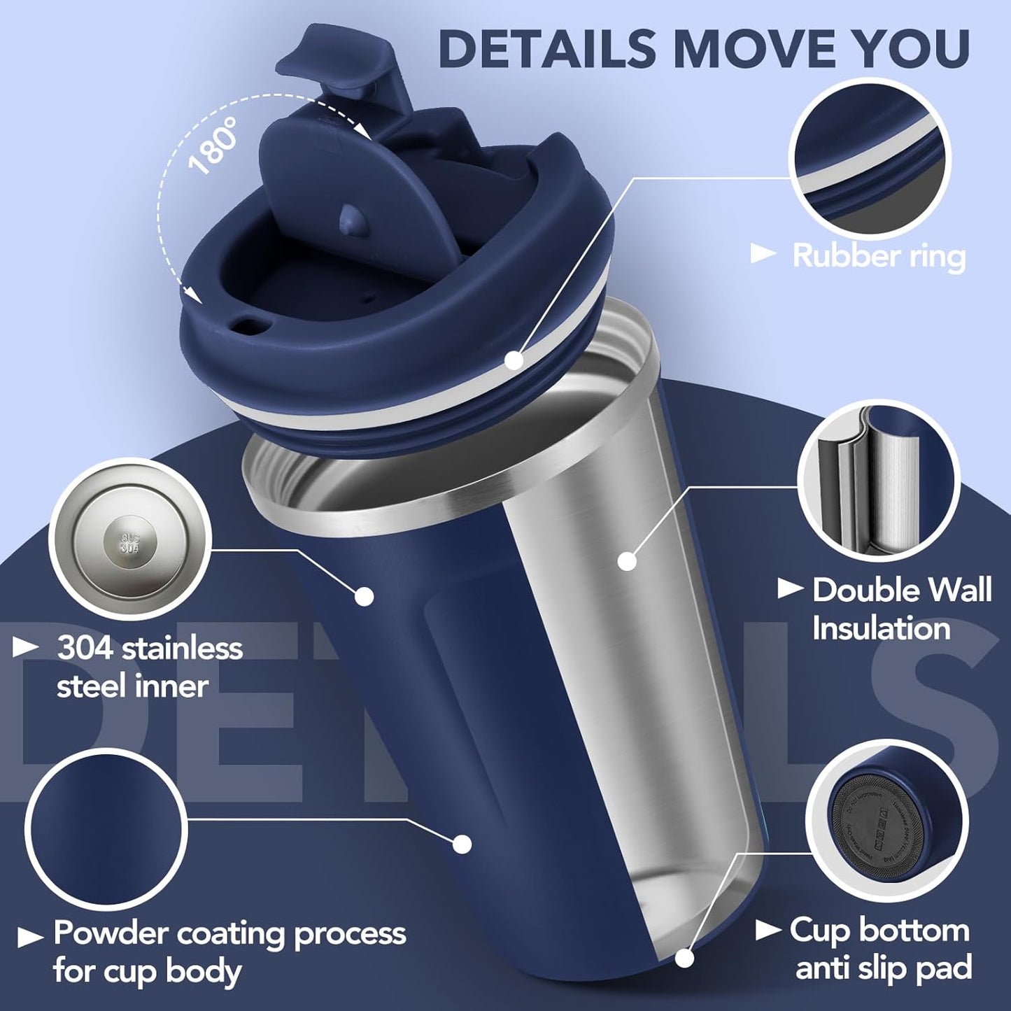 Volhoply 12 oz Double Wall Insulated Vacuum Travel Coffee Mug with Flip Lid Bulk 8 Pack,Reusable Stainless Steel Leak Proof Coffee Cup,Portable Cafe Thermal Tumblers for Hot & Cold Drinks(Navy,8 Set)