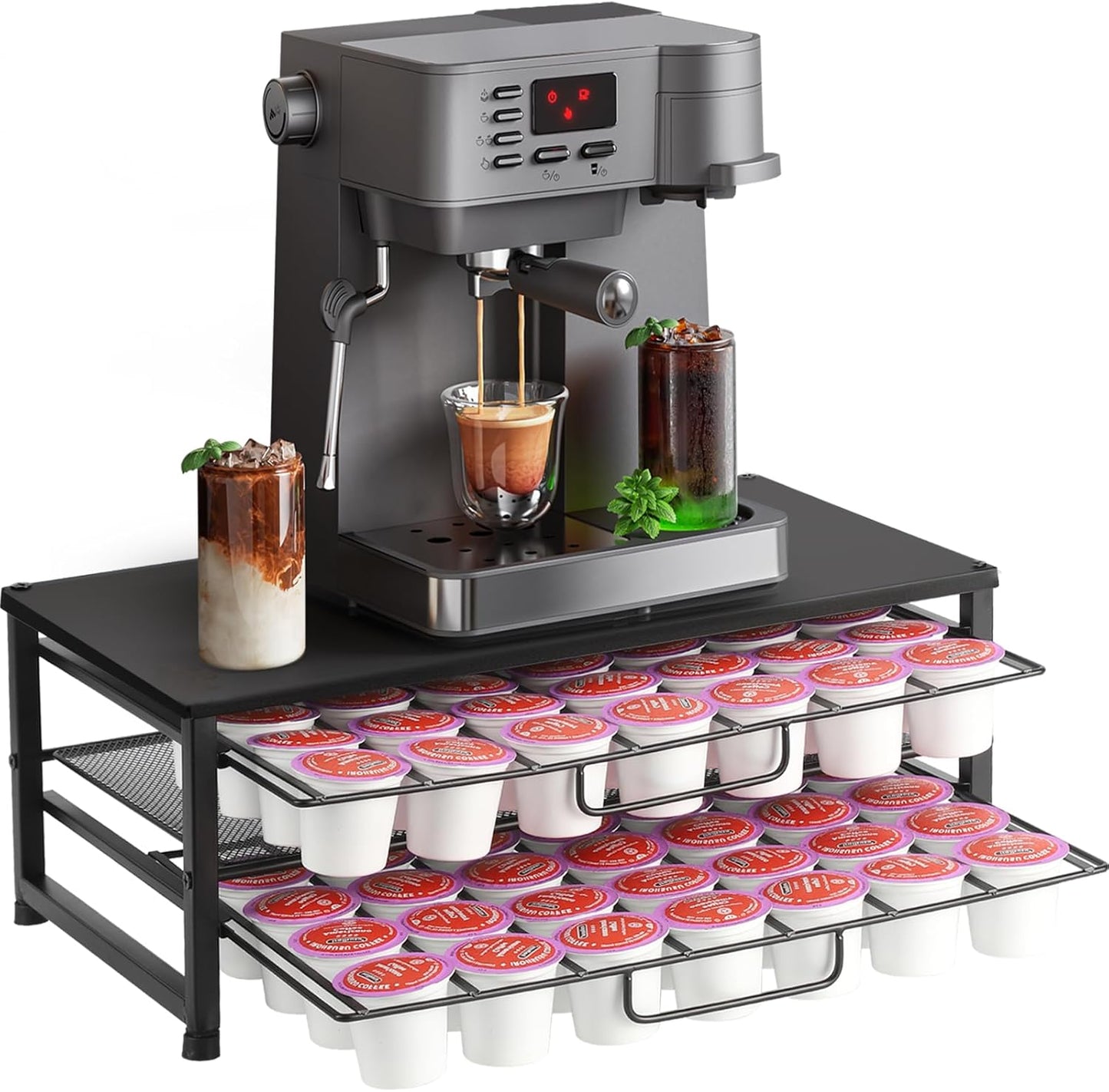 K Cup Holder Organizer for 70 Pods, 2-Tier Coffee Pod Holder for K-Cup with 2 Sliding Storage Drawers, Coffee Station Bar Organizer for Kitchen Countertop, Home & Office, Frosted Black