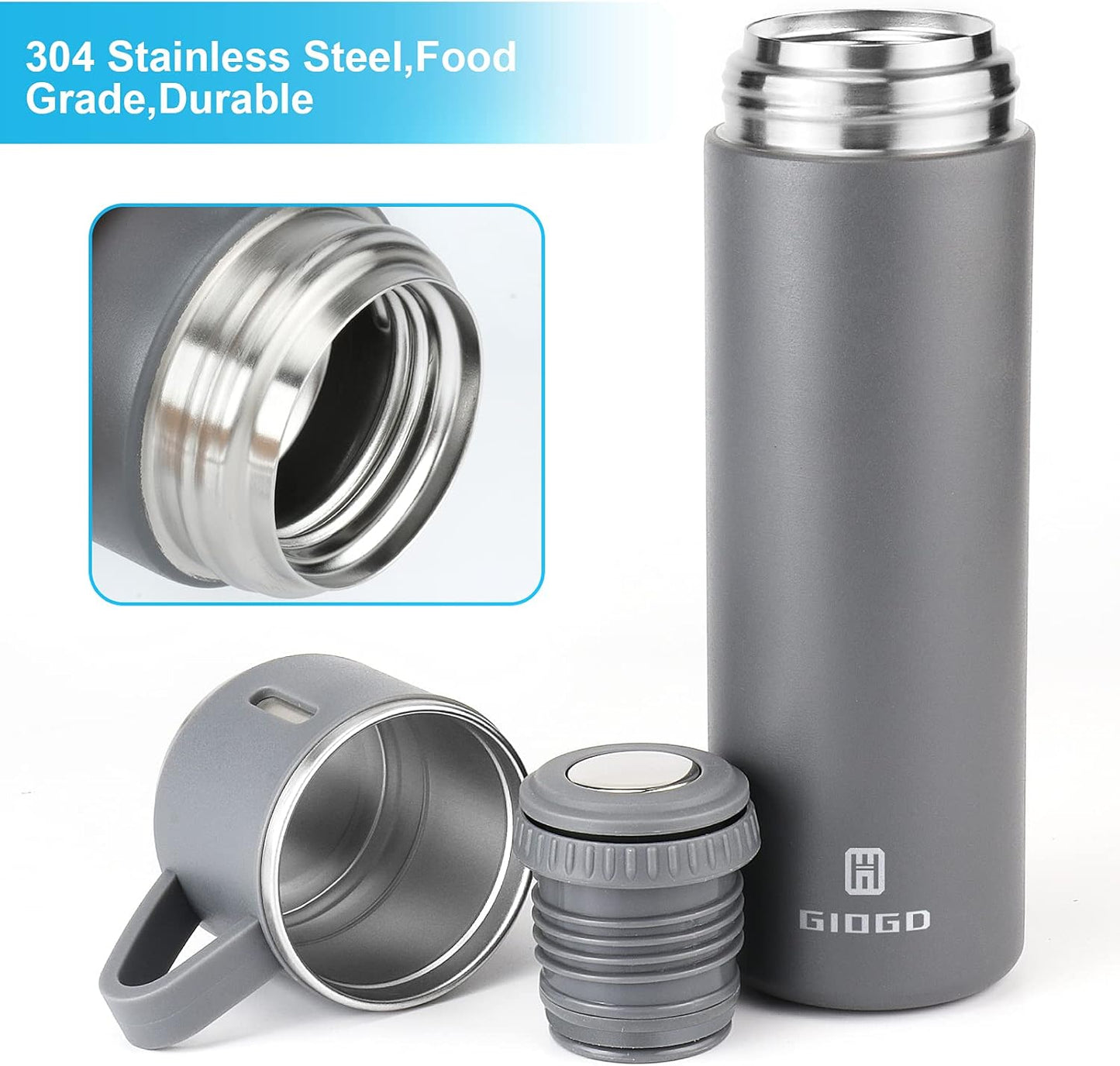 Stainless Steel Thermo 16.9oz Vacuum Insulated Bottle with Cup for Coffee Hot drink and Cold drink water flask.(Gray,Single)