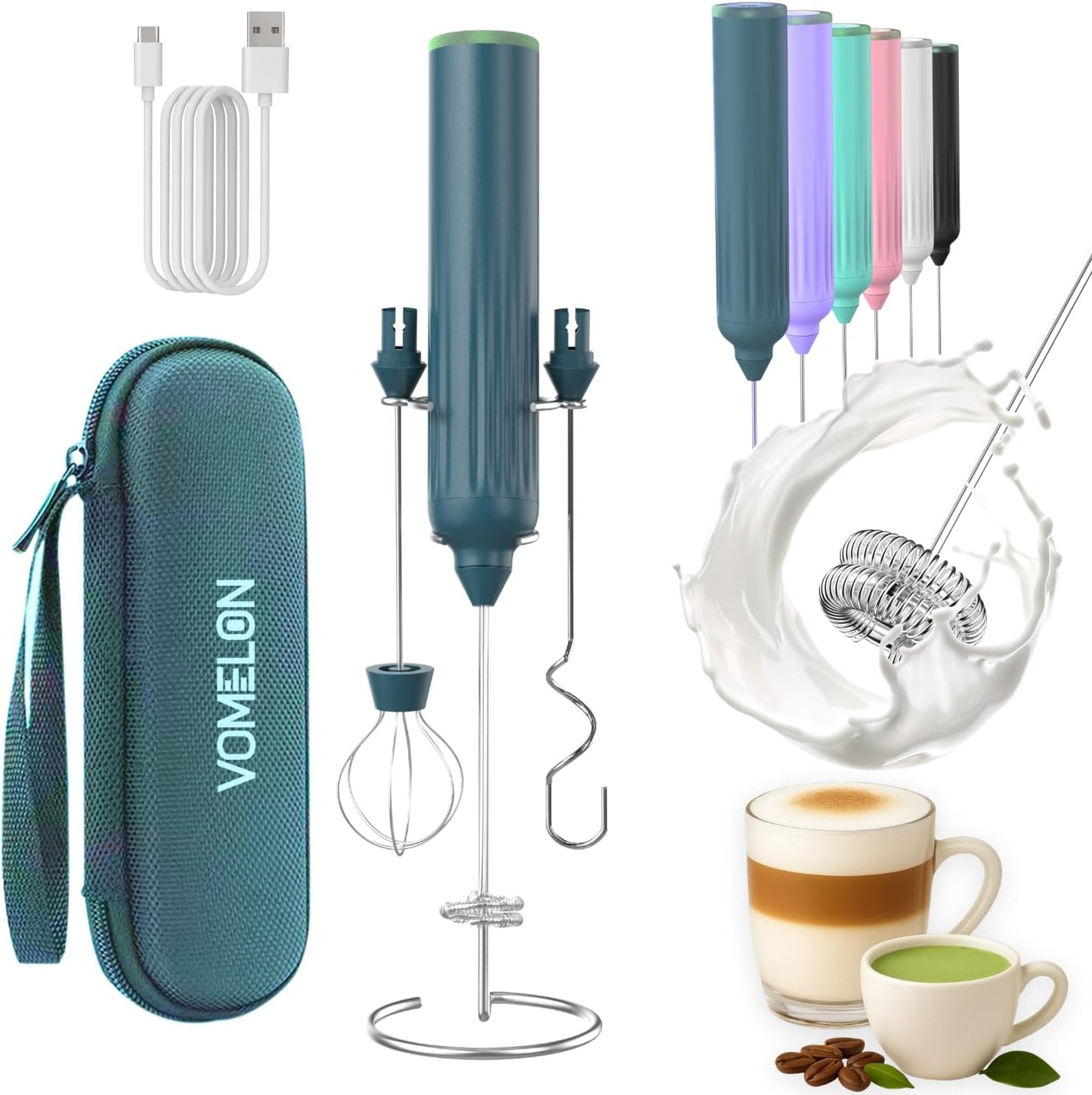 Milk Frother Handheld with 3 Stainless Steel Whisks, Rechargeable Electric Drink Mixer with Stand & Travel Case, Milk Foamer for Coffee, Latte, Cappuccino, Hot Chocolate, Egg,Jam Supplement-Green