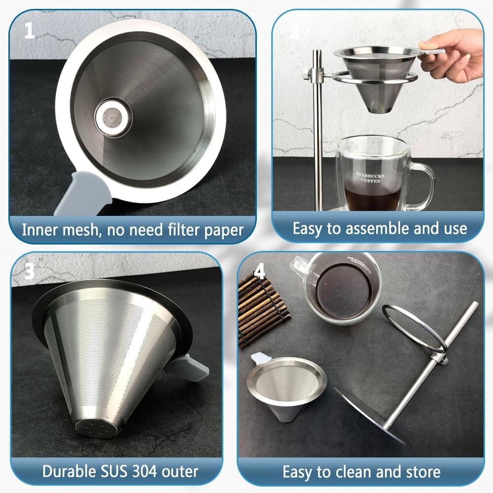 Stainless Steel Pour Over Coffee Maker, Adjustable Stand, Double-layer Filter