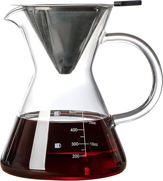Pour Over Coffee Maker with Reusable Stainless Steel Drip Filter, Glass Drip Coffee Maker Set, Lead-Free Borosilicate Glass Coffee Carafe for 1-4Cup, Clear (500ml/17oz)