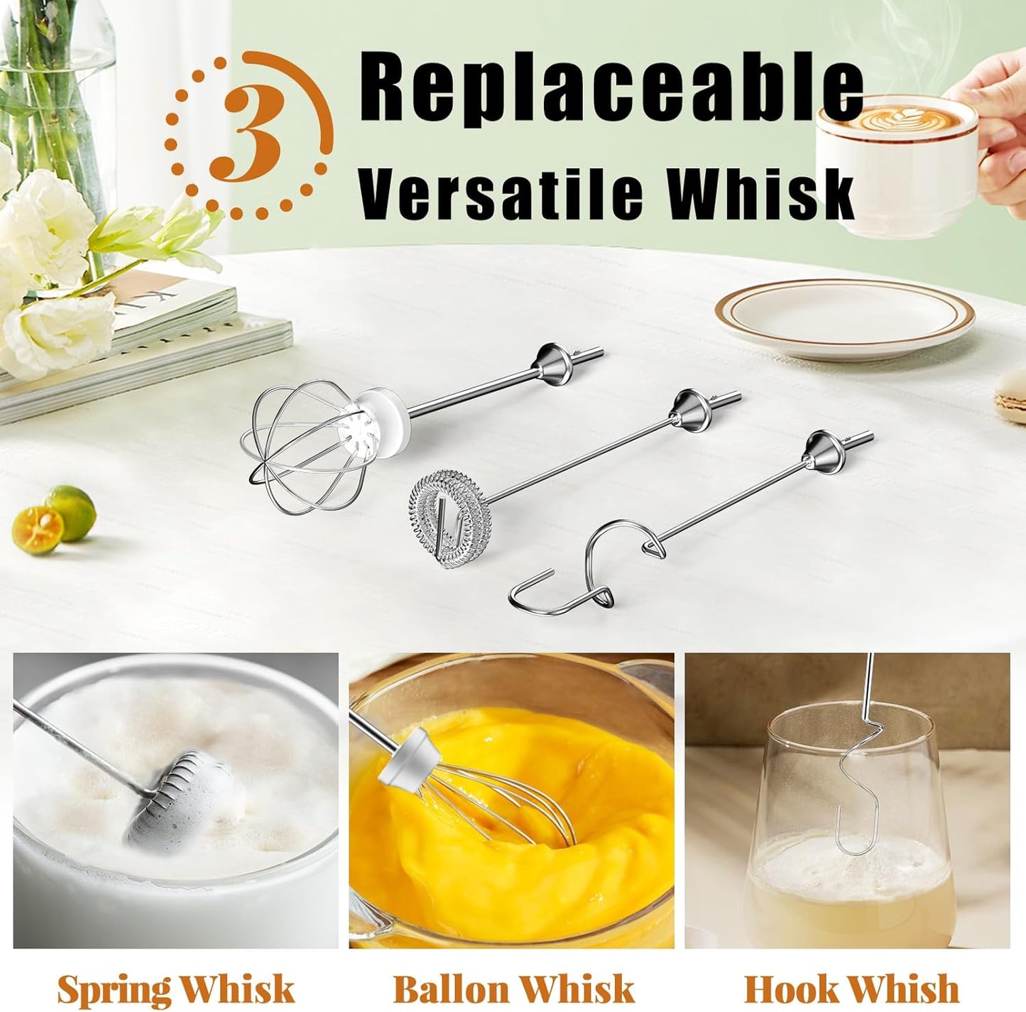 Nahida Turquoise Milk Frother Wand for Coffee, Frother Handheld Rechargeable Electric Whisk with 3 Heads 3 Speeds Drink Mixer Coffee Frother Foam Maker For Latte, Cappuccino, Hot Chocolate, Egg