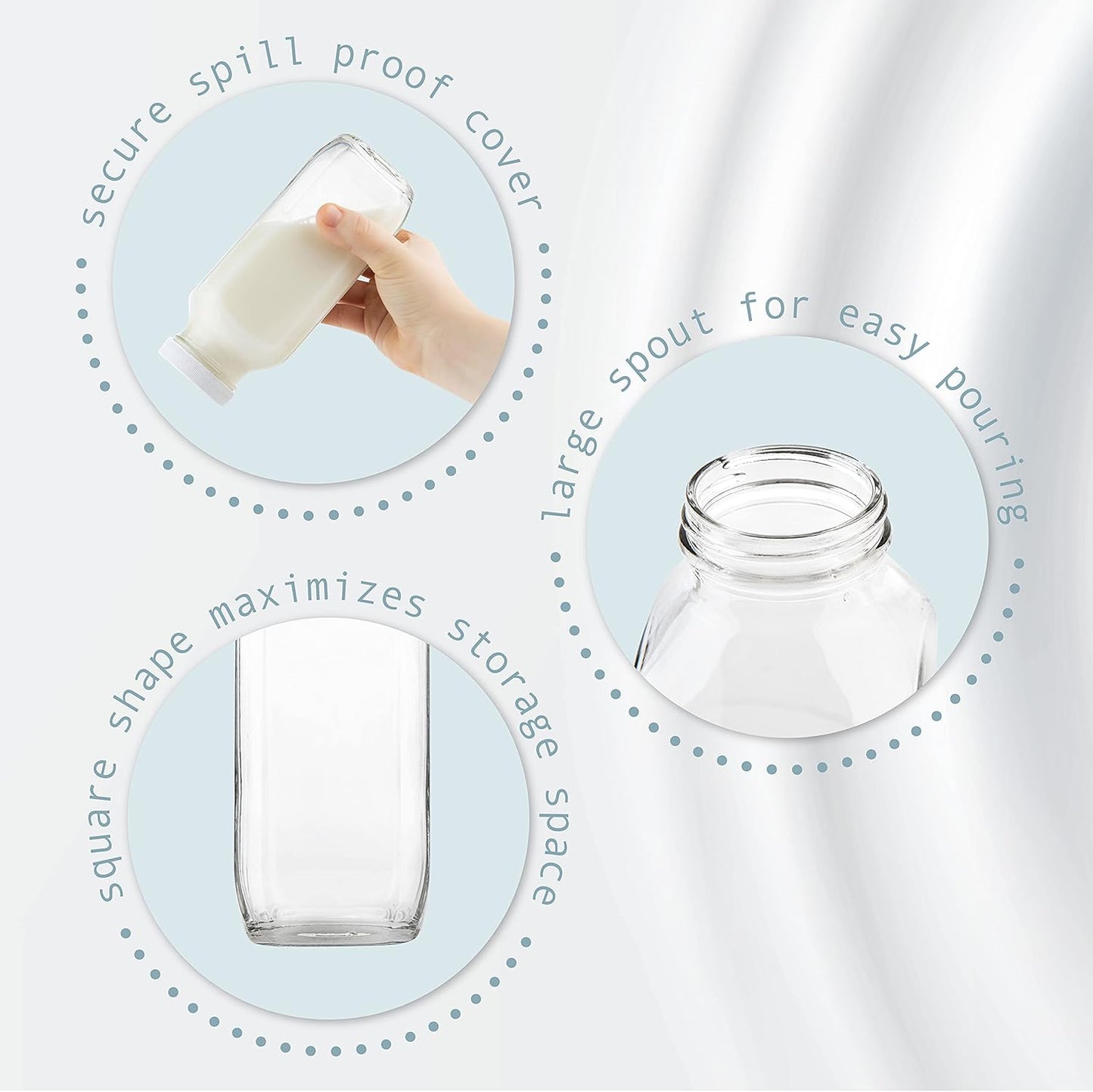 16oz Square Glass Milk Bottles with Plastic Airtight Lids -Vintage Reusable Dairy Drinking Jars Containers for Milk, Yogurt, Smoothies, Juice, Kefir, & Water -2 Pack 16 oz Glass Bottles with Lids