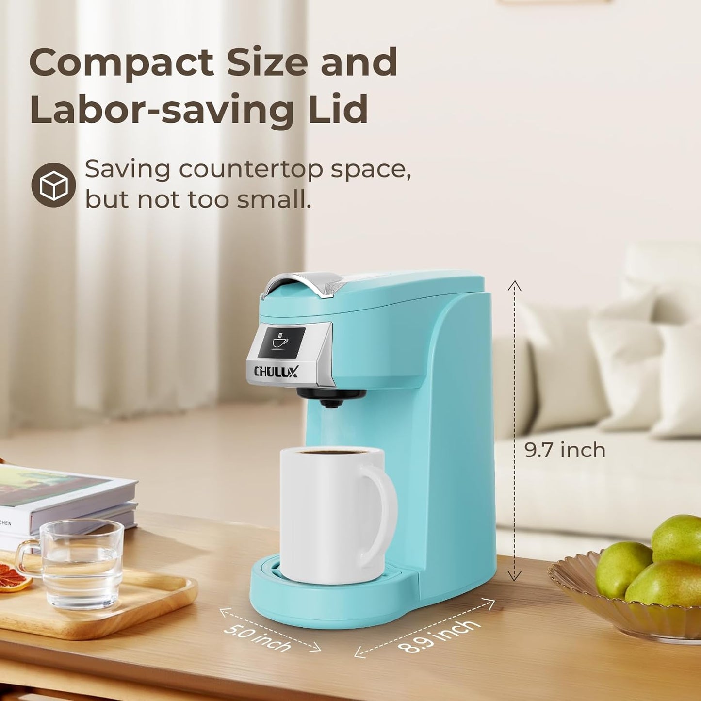 CHULUX Classic Single Serve Coffee Maker for K Cup, One Button Easy Coffee Machine for Office, RV, Travel and Dorm, Cyan