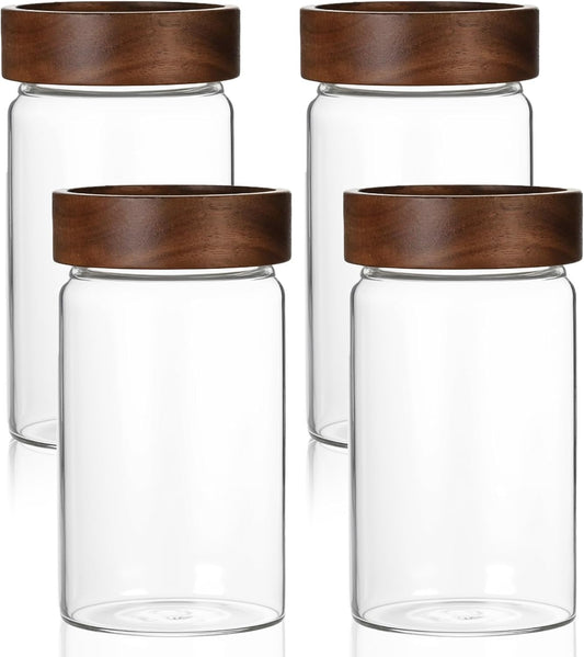26 oz/850 ml Clear Glass Storage Canister with Airtight Wooden Lid, 4 Pack Small Overnight Oats Containers, Cute Decorative Salad Jar for Snacks Yogurt Spice Sugar Cereal Fruit Coffee Tea