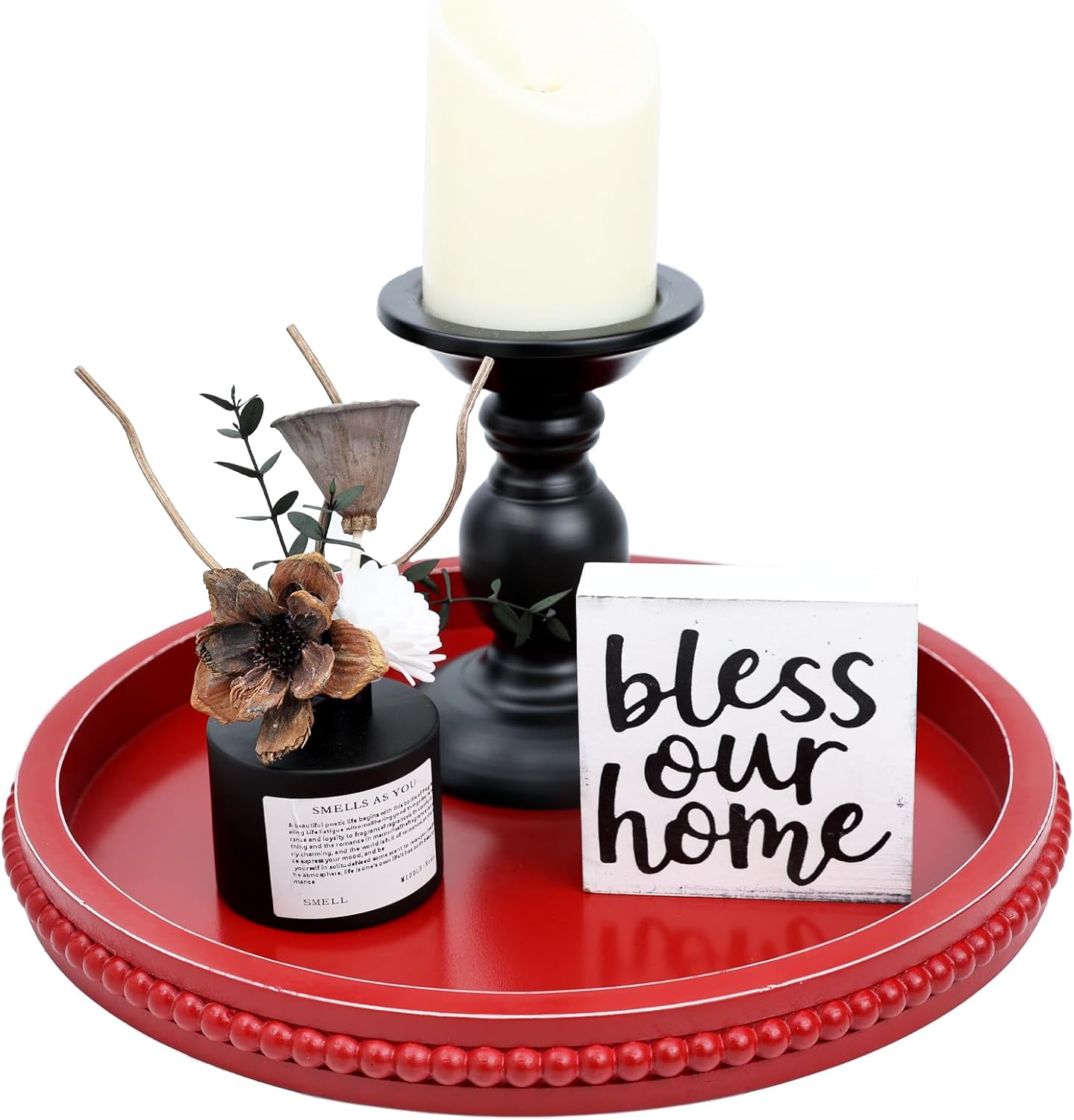 Red Round Wood Decorative Ottoman Tray for Coffee Table Kitchen Counter, Living Room, Handcrafted Wooden Serving Tray for Table Centerpiece