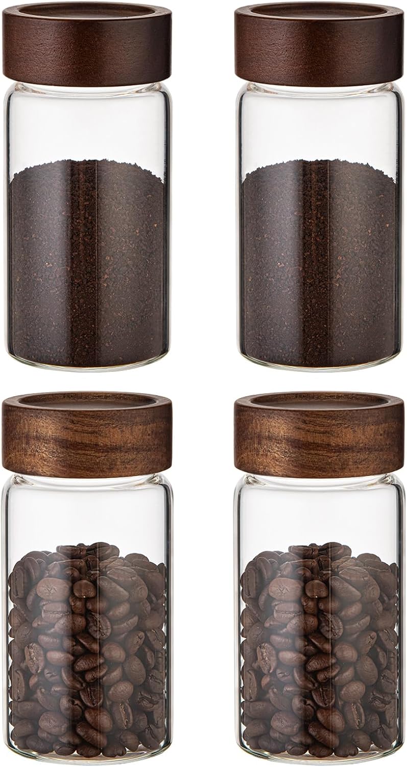 Large Glass Coffee Jars, Round Storage Canister with Wooden Lid Clear Glass Food Jar for Pantry Sugar Tea Coffee Bean Spice Nuts Cookies Bath Salts (4×250ml(8.4oz))