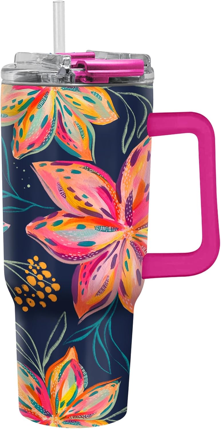 RainCaper 18/8 Stainless Steel Insulated Water Tumbler with Straw | 30oz, BPA-Free, Double Wall for Hot & Cold | Travel-Friendly, Cup Holder Ready (EttaVee Bold Flowers)