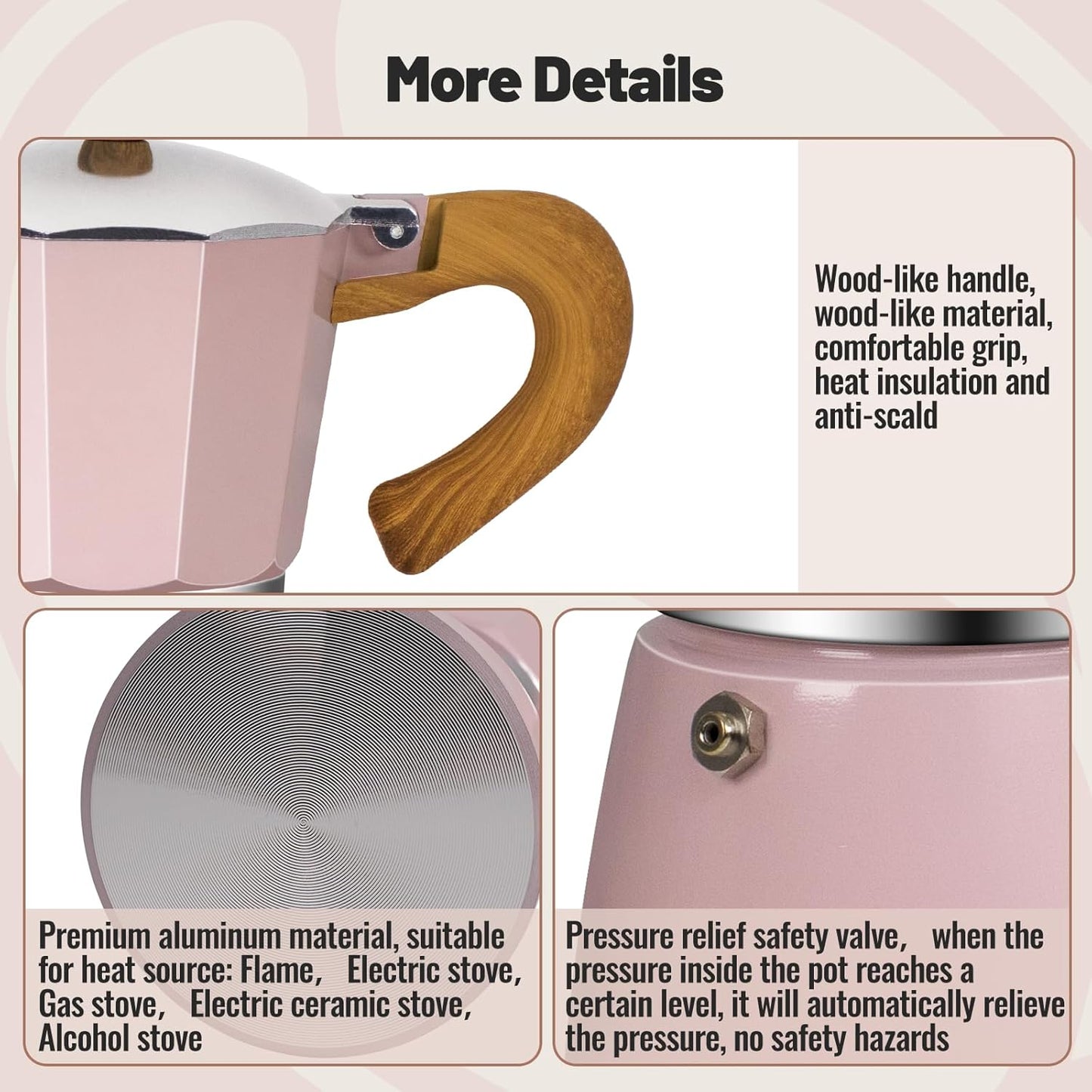 3 Cup Aluminum Moka Pot Classic Stovetop Espresso Coffee Maker 150ml 5oz Coffeemaker Percolator Mocha Pot Greca Coffee Maker Cafe Makers for Italian and Cuban Café Brewing Pink