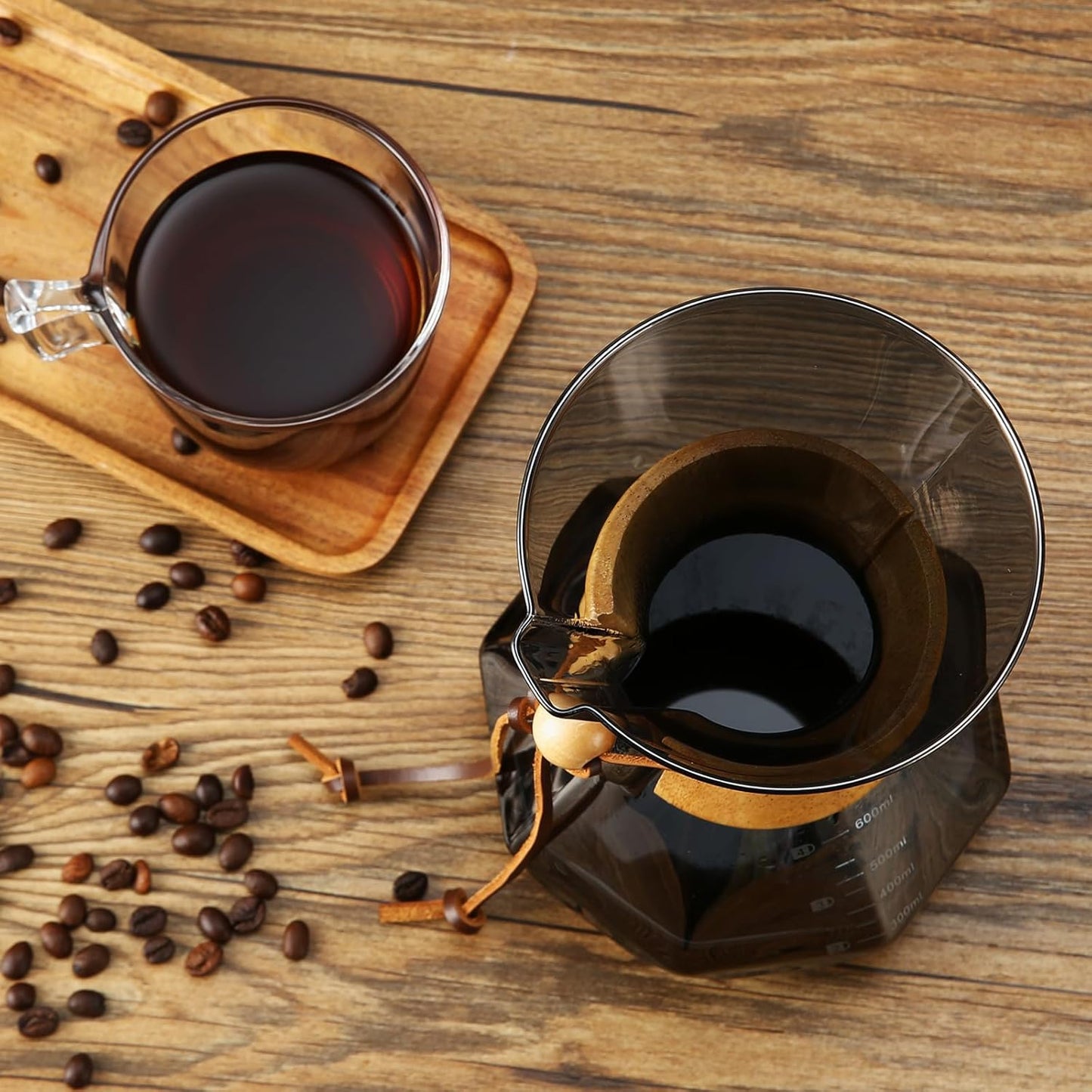 Pour Over Coffee Maker with Stainless Steel Filter, 20 oz Borosilicate Glass Coffee Carafe, Wooden Collar, Coffee Maker Carafe, Hold 3-4 Cups, 600 ml, Gray