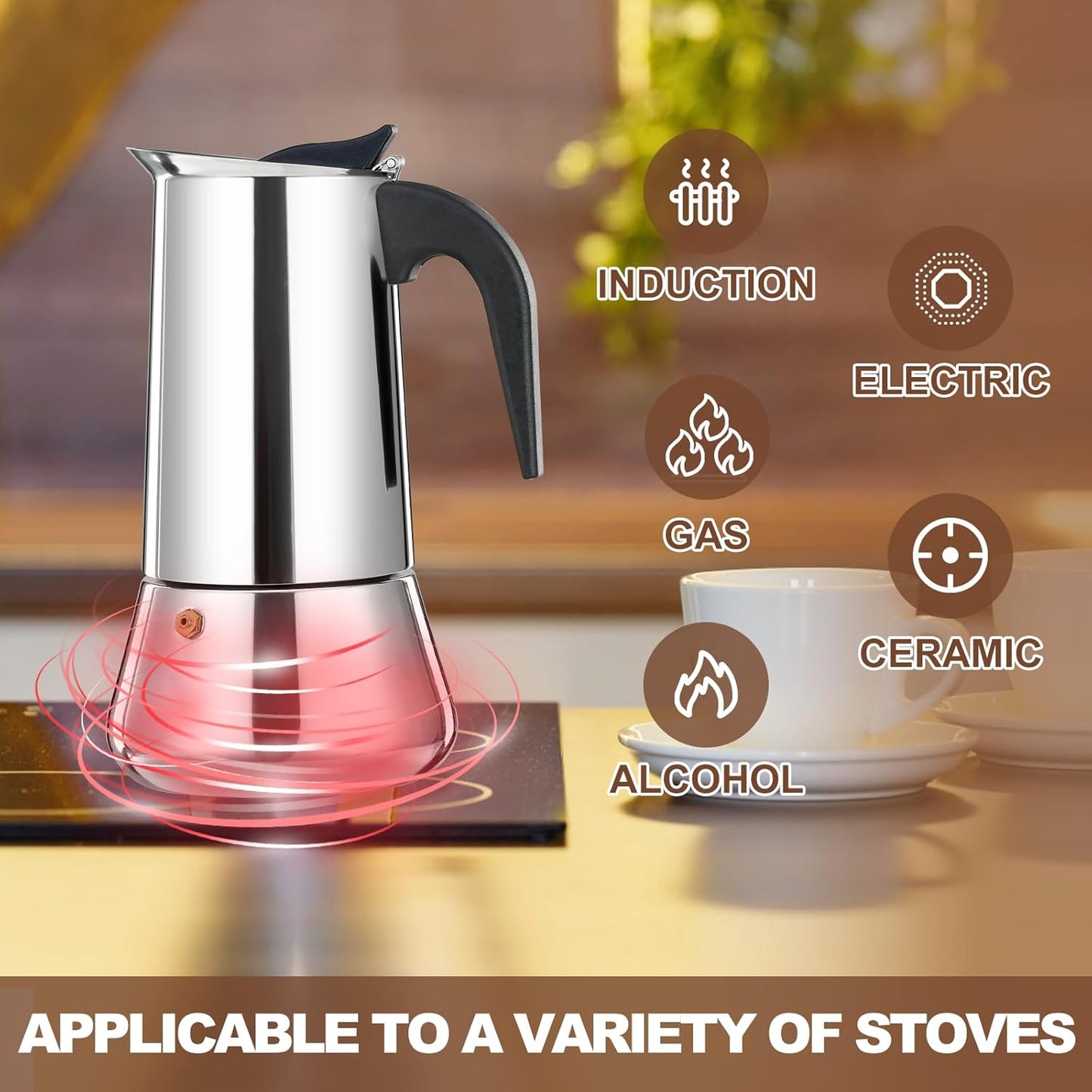 6 Cup Stovetop Espresso Maker Stainless Steel Moka Pot Stove Top Percolator Italian Coffee Makers Capable Mocha Greca Machine Cafe Classic Induction Cookers for Home and Camping 300ml 10oz