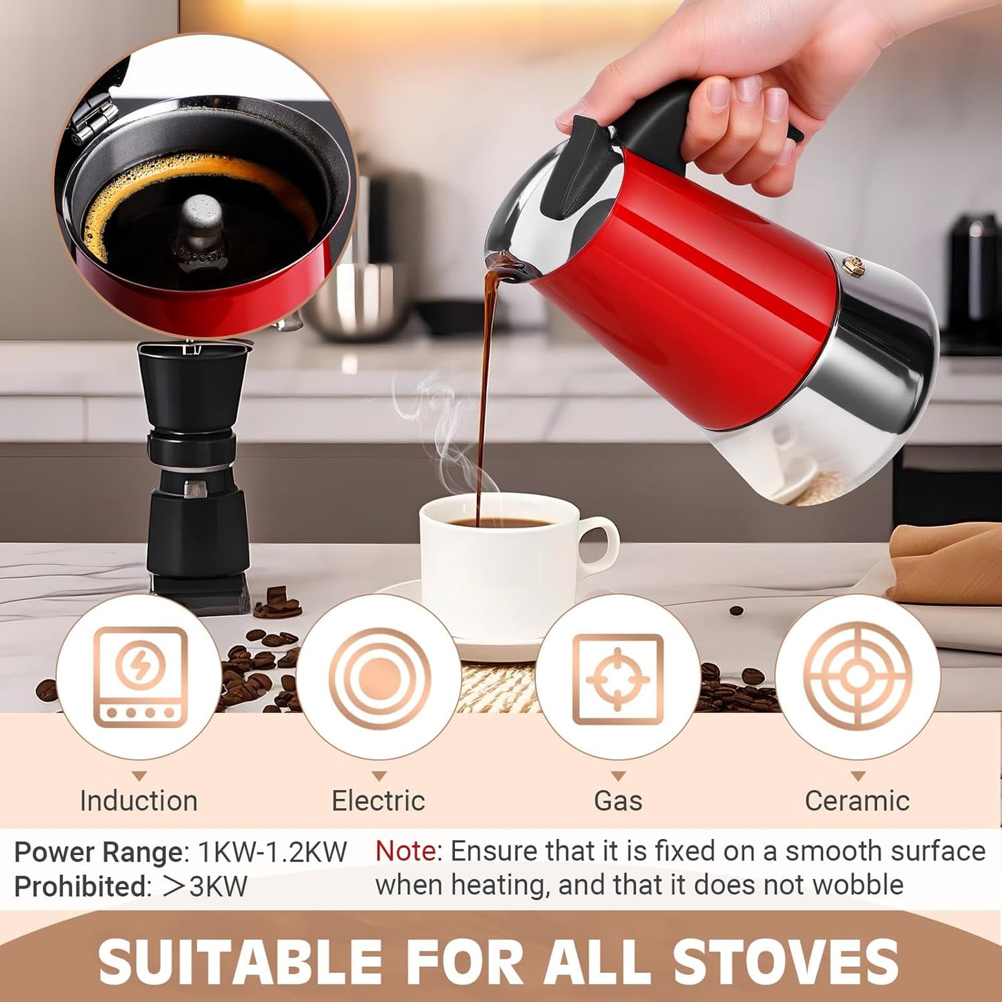 Moka Pot, 6 Cups (10.6 oz) Stovetop Espresso Maker, 304 Stainless Steel Moka Pot, Induction Compatible, Red