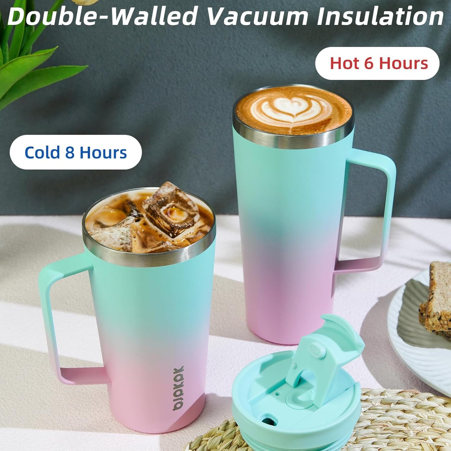 BJPKPK Insulated Tumbler with Handle, 22oz Insulated Tumblers with Lid and Straw, Stainless Steel Metal Water Bottles, Coffee Travel Mugs, Cups, Mint