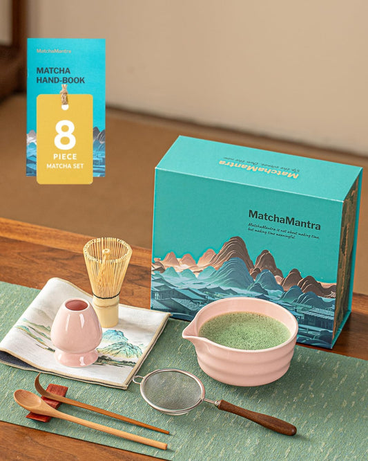 Artisan Matcha Whisk Set - 8 Pcs Premium Matcha Set with Bowl (Chawan), Bamboo Whisk & Tools | Matcha Kit for Making Breakfast/Latte | Gift for Matcha Lovers (Sakura Pink)