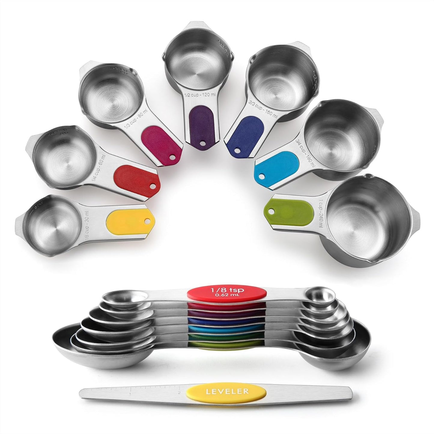Spring Chef Magnetic Measuring Cups & Spoons Set (Patent Pending), Strong N45 Magnets, Heavy Duty Stainless Steel Fits in Spice Jars for Baking & Cooking, BPA Free, Set of 15 with Leveler, Multicolor