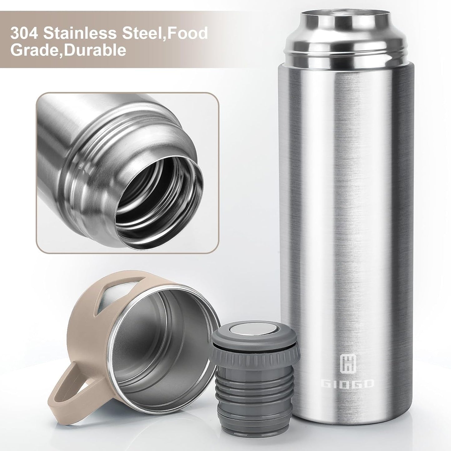 Stainless Steel Thermo 700ml/23.7oz Vacuum Insulated Bottle with Cup for Coffee Hot drink and Cold drink water flask.(Brown,Set)