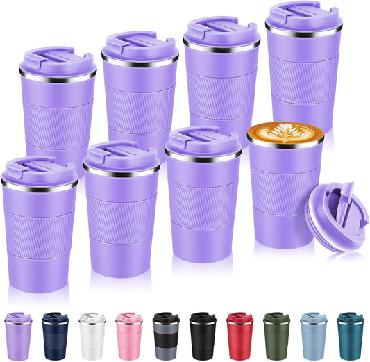 Volhoply 13 oz Stainless Steel Insulated Travel Coffee Mug with Fip Lid Bulk 8 Pack,Reusable Double Wall Vacuum Metal Coffee Cup,Portable Leak Proof Thermal Tumbler for Hot & Cold Drinks(Purple,8)