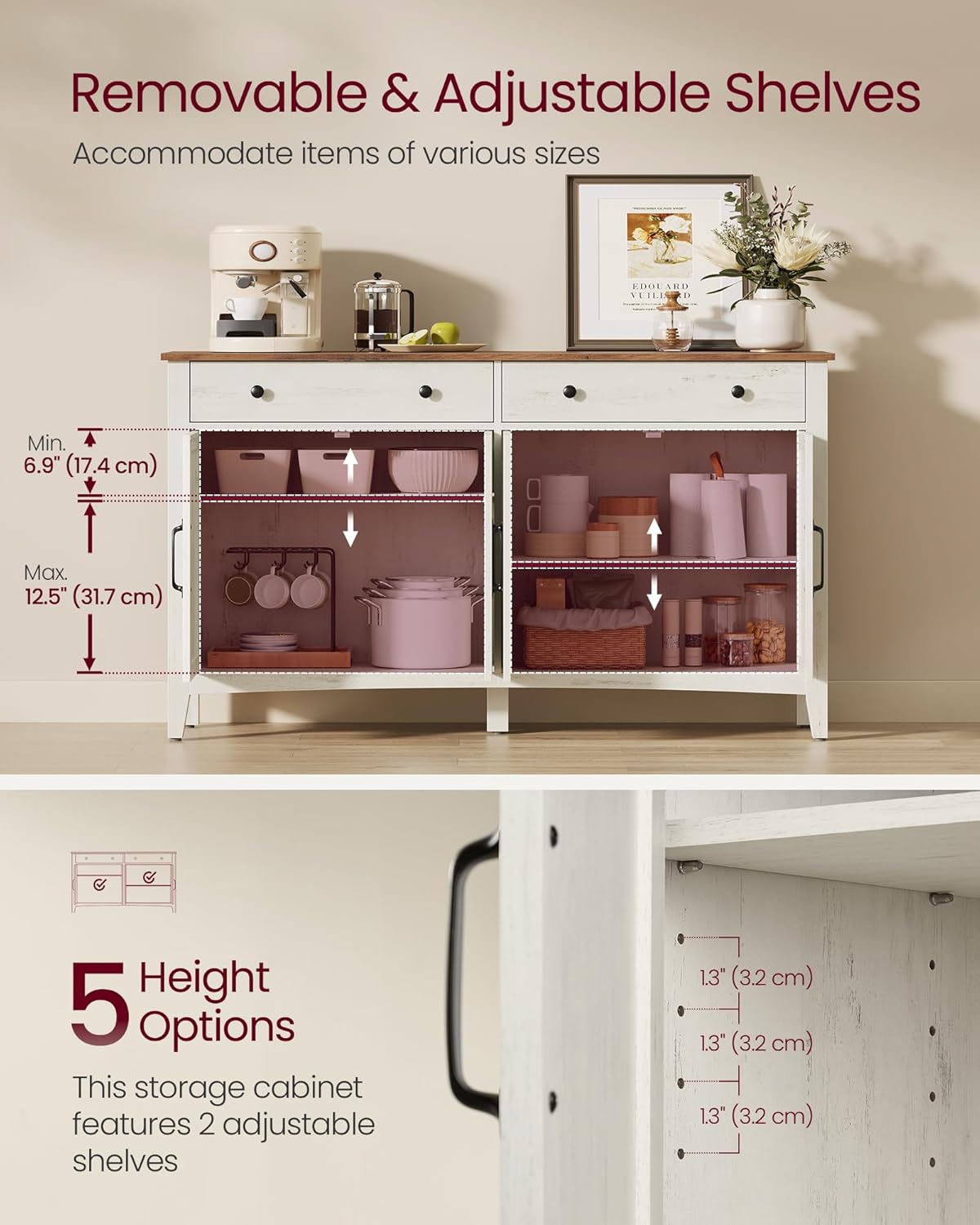 VASAGLE LIRY Collection - Buffet Cabinet, Coffee Bar Cabinet with 2 Drawers, Adjustable Shelves, Sideboard Storage with Cable Holes, Drawer Dividers, Rustic White and Honey Brown UBBK381W01