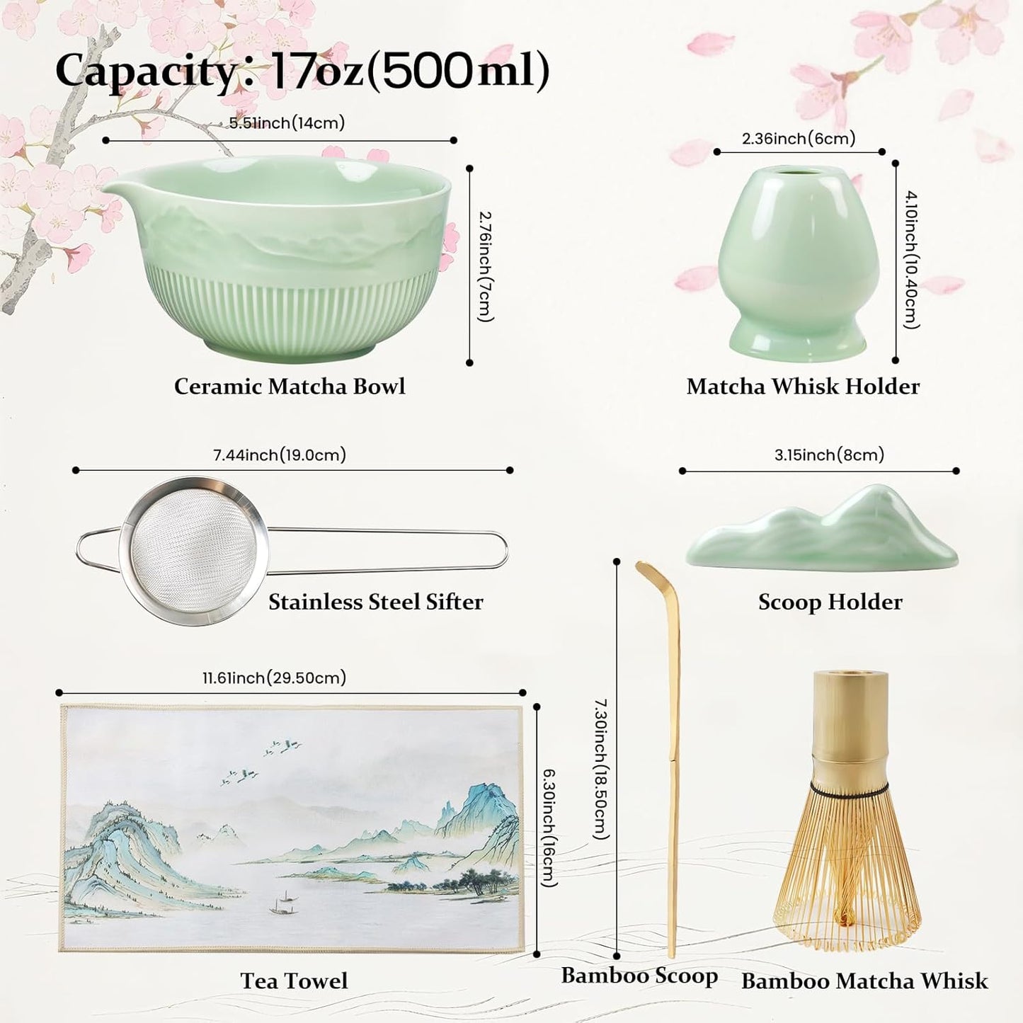 Matcha Bowl and Whisk Set 7PCs Includes Fuji Design 17oz Ceramic Bowl Whisk Holder Bamboo Spoon and Rest Sifter Tea Towel Matcha Kit for Ceremony Blue Matcha Tea Set for Making Breakfast Latte