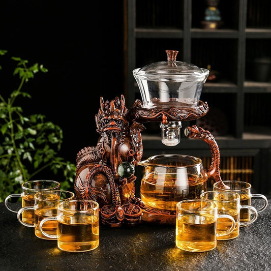 Glass Teapot Set with Infuser Semi Automatic Dragon Tea Set with 6 Small Cups (red dragon)