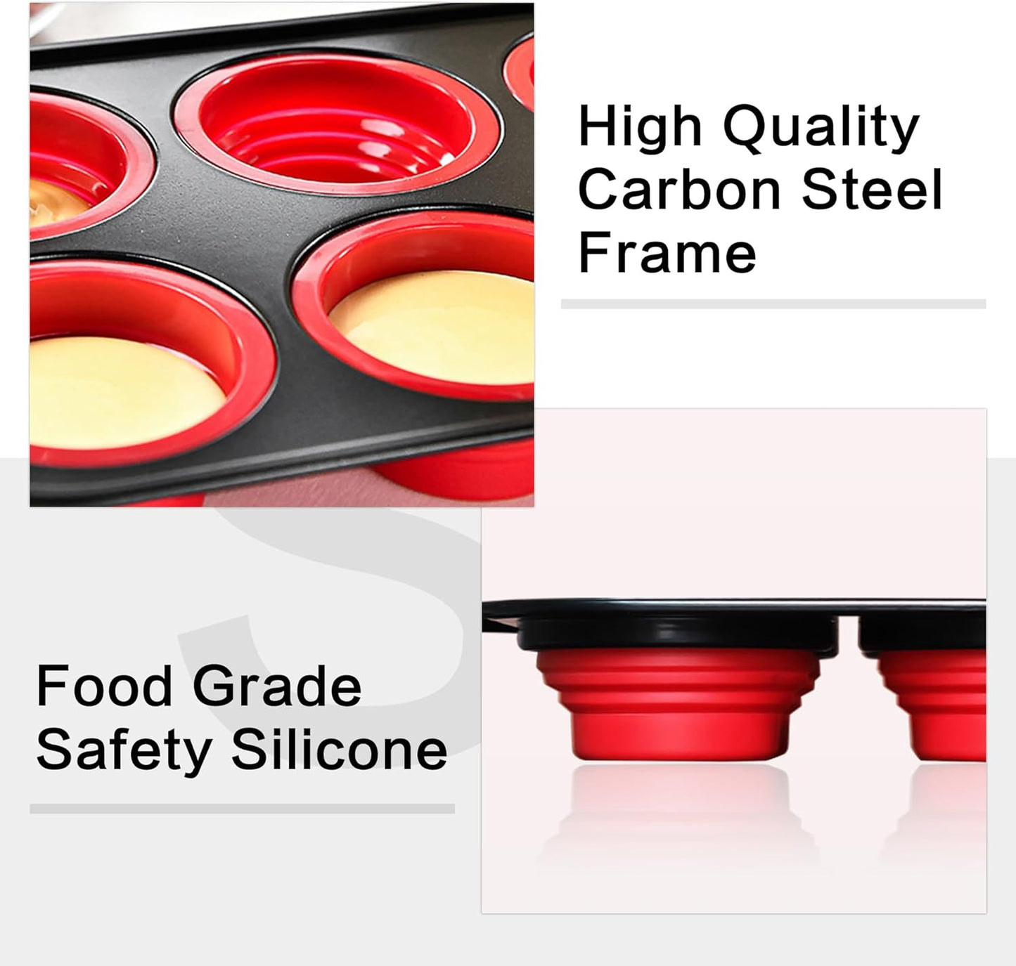 Silicone Muffin Pan, Silicone Cupcake Pan for Baking, 12 Cup Muffin Pans for Oven with Metal Frame, Non Stick Baking Cups with Press To Release Design, Cake Pop Mold, Egg Bites Mold, Red