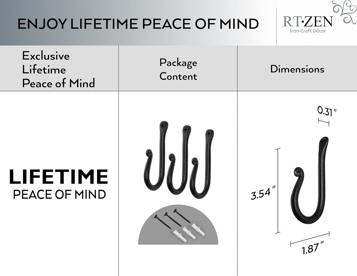 RTZEN Wall Mount Hook Set - Wrought Iron Decorative Rustic Metal Coat Hooks for Hanging - Handcrafted Classic Farmhouse Wall Mounted Black Hooks for Towel Robe or Hat Hanging - 3 Pack