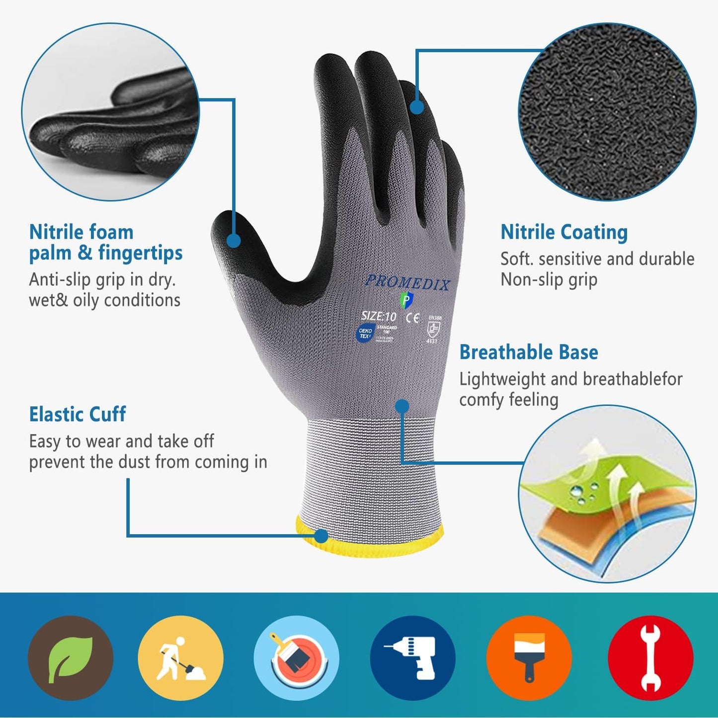 PROMEDIX P Nitrile Coated Work Gloves,MicroFoam Safety Work Gloves Men,Seamless Knit Nylon&spandex Gloves with Grip
